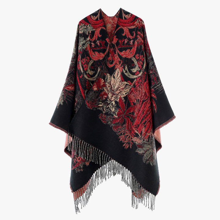 Damen Ornamentaler Jacquard‑Überwurf im Cape‑Stil mit Fransensaum – Avérine