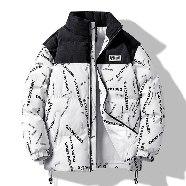 Herren Gepolsterte Steppjacke mit grafischem Schrift-Print, Stehkragen und verstellbarem Saum Echo Archiv