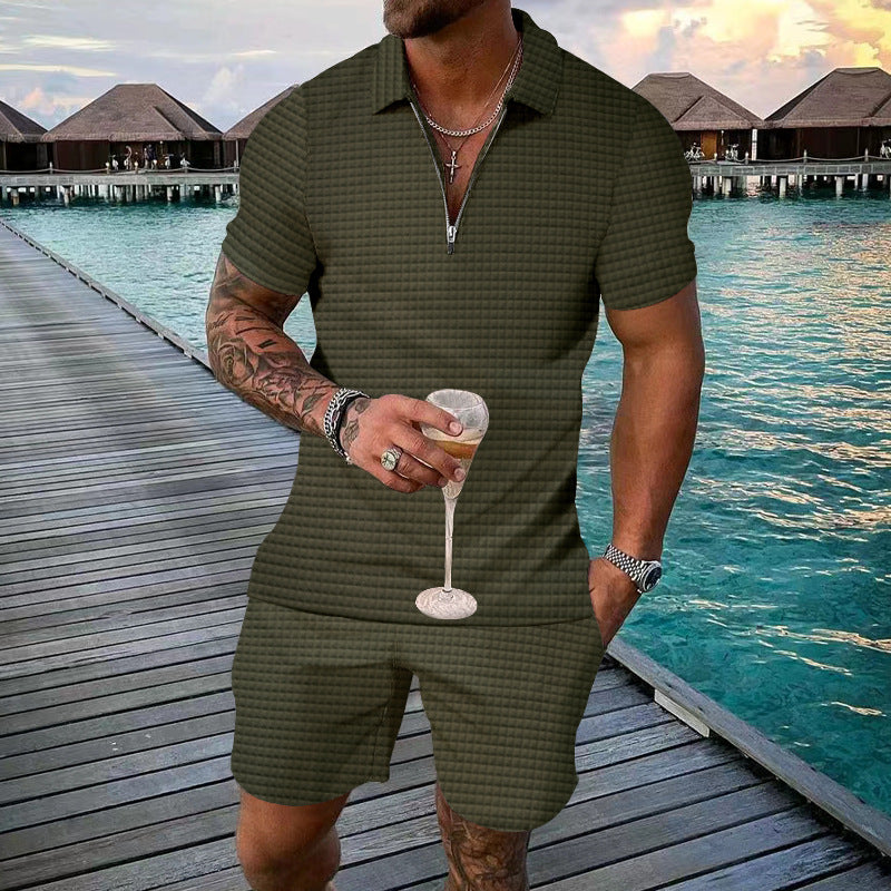 Herren modisches Kurzarm-Set mit schmalem Kragen und praktischem Zipper Echoarchiv