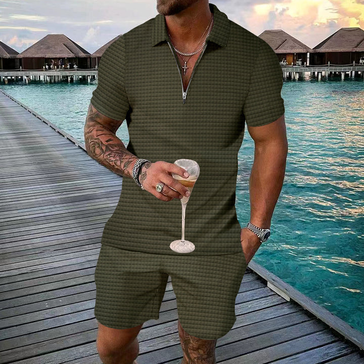 Herren modisches Kurzarm-Set mit schmalem Kragen und praktischem Zipper Echoarchiv