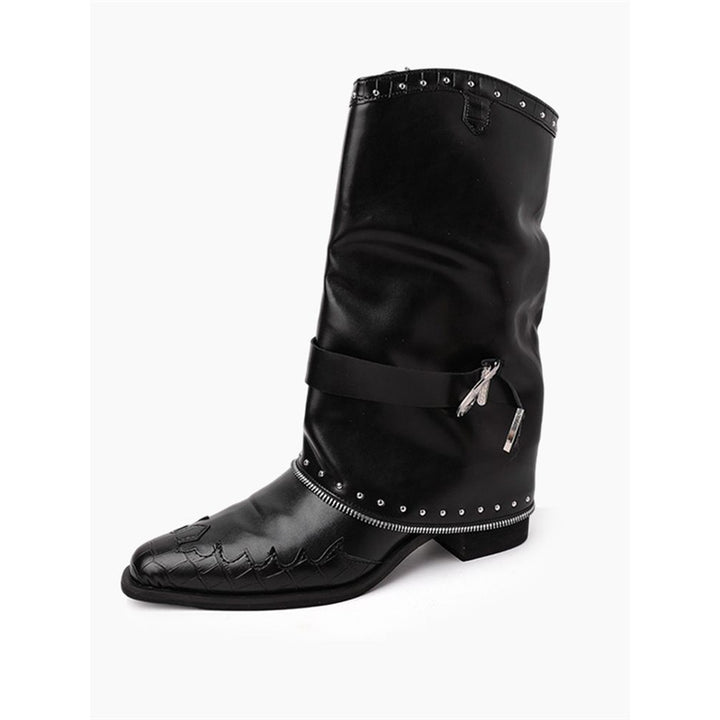 Damen Biker‑Western Midcalf‑Stiefel mit Ziernieten, Schnallenriemen und geprägter Zehenkappe – Lioré