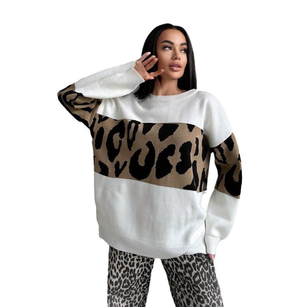 Damen Oversized Strickpullover mit Leoparden-Bahnen, überschnittener Schulter und geripptem Saum – Mavelle