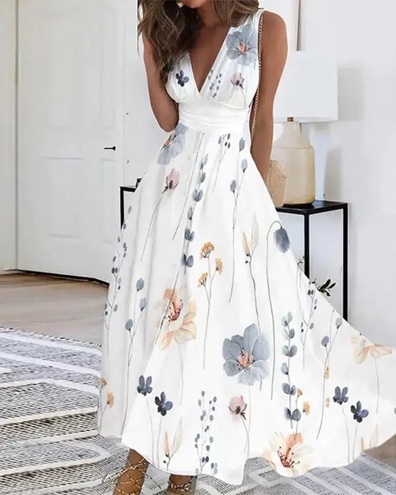 Damen nan ausgestelltes Midikleid mit tiefem V-Ausschnitt, Empire-Taille und zartem Blumenprint Echo Archiv