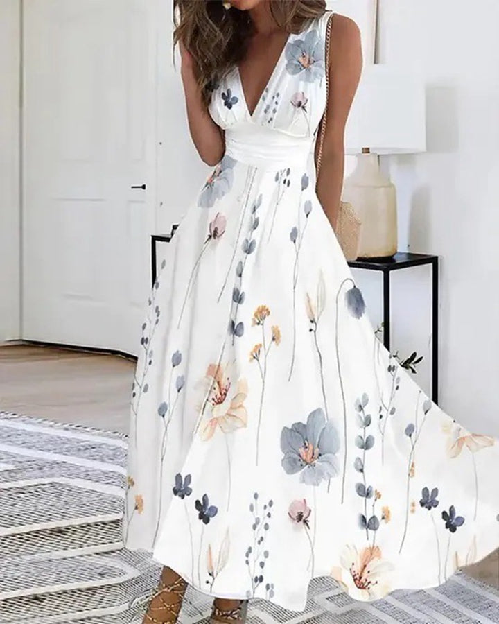 Damen nan ausgestelltes Midikleid mit tiefem V-Ausschnitt, Empire-Taille und zartem Blumenprint Echo Archiv