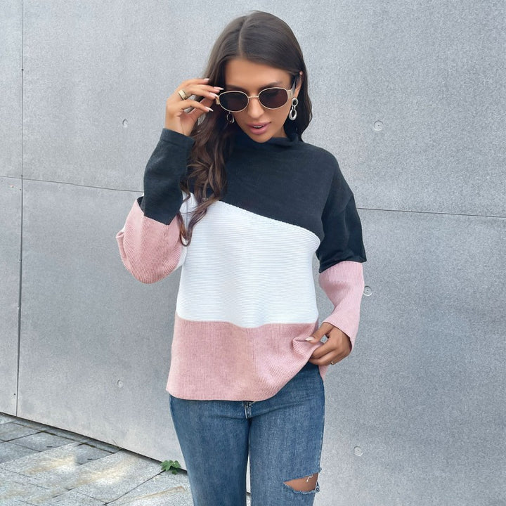 Damen Dreifarbiger Strukturstrick-Pullover mit Stehkragen und lässiger Oversize-Silhouette Echoarchiv