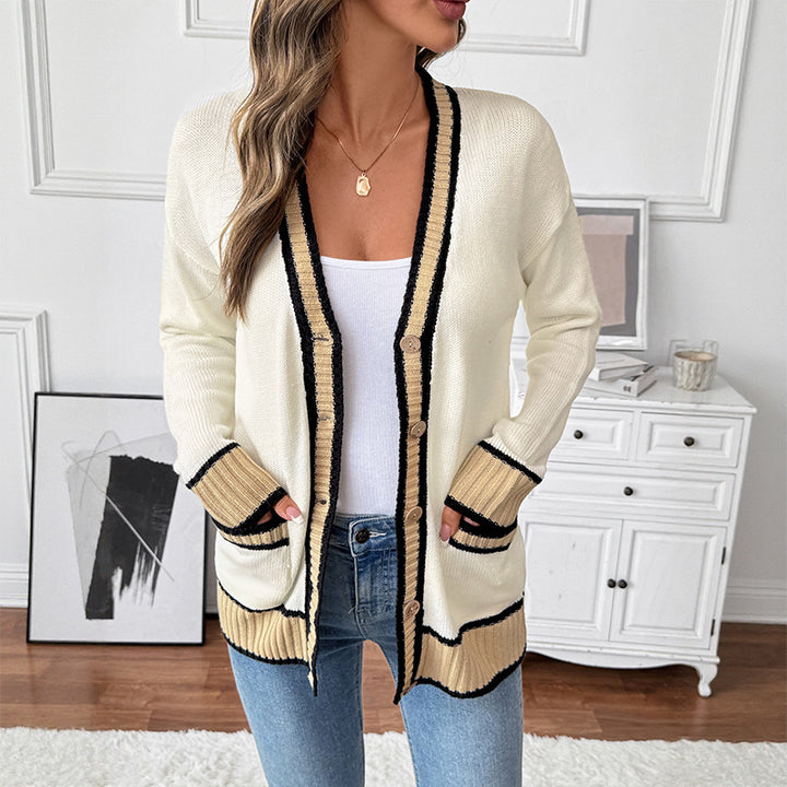 Damen Strickcardigan mit kontrastkanten, V-Ausschnitt, Knopfverschluss und aufgesetzten Taschen – Veloura