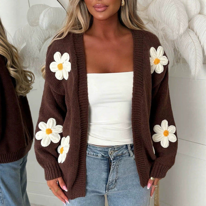 Damen Oversize-Strickcardigan mit 3D-Blumenapplikationen und geripptem Saum – Veloura