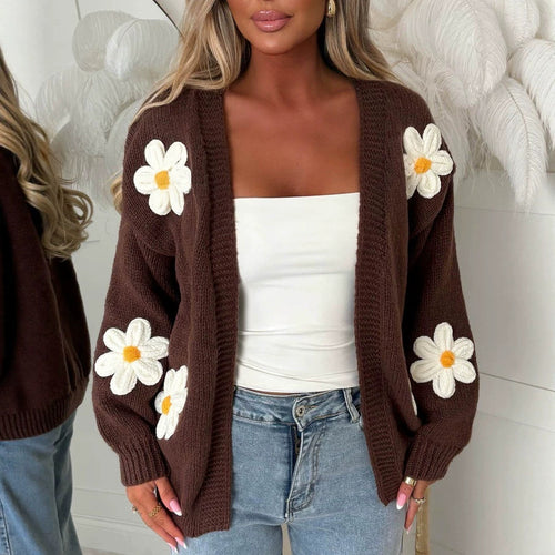 Damen Oversize-Strickcardigan mit 3D-Blumenapplikationen und geripptem Saum – Veloura