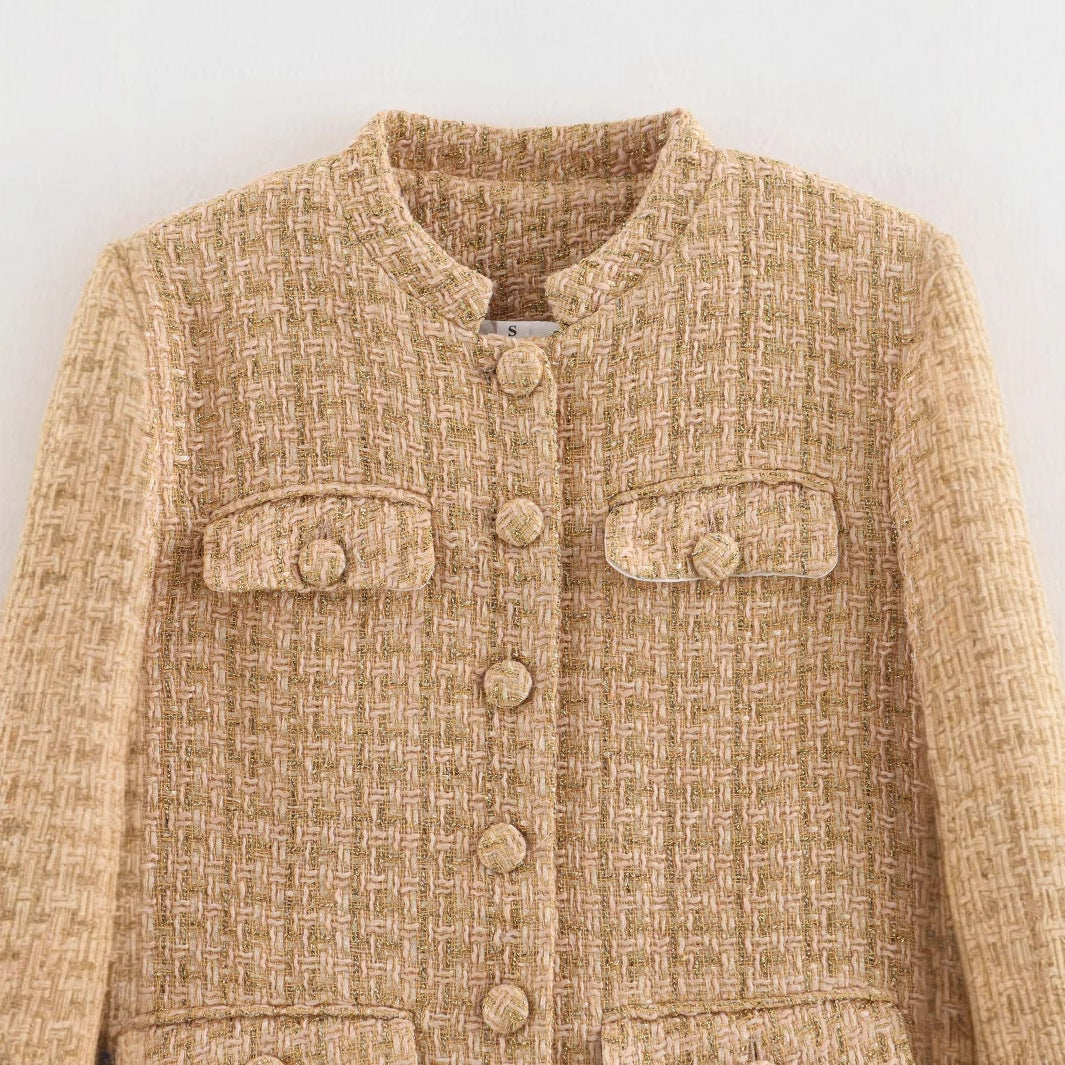 Damen taillierte Bouclé-Tweed Jacke mit Stehkragen und vier Zier-Taschen – Célinea