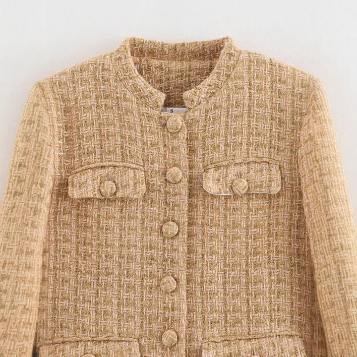 Damen taillierte Bouclé-Tweed Jacke mit Stehkragen und vier Zier-Taschen – Célinea