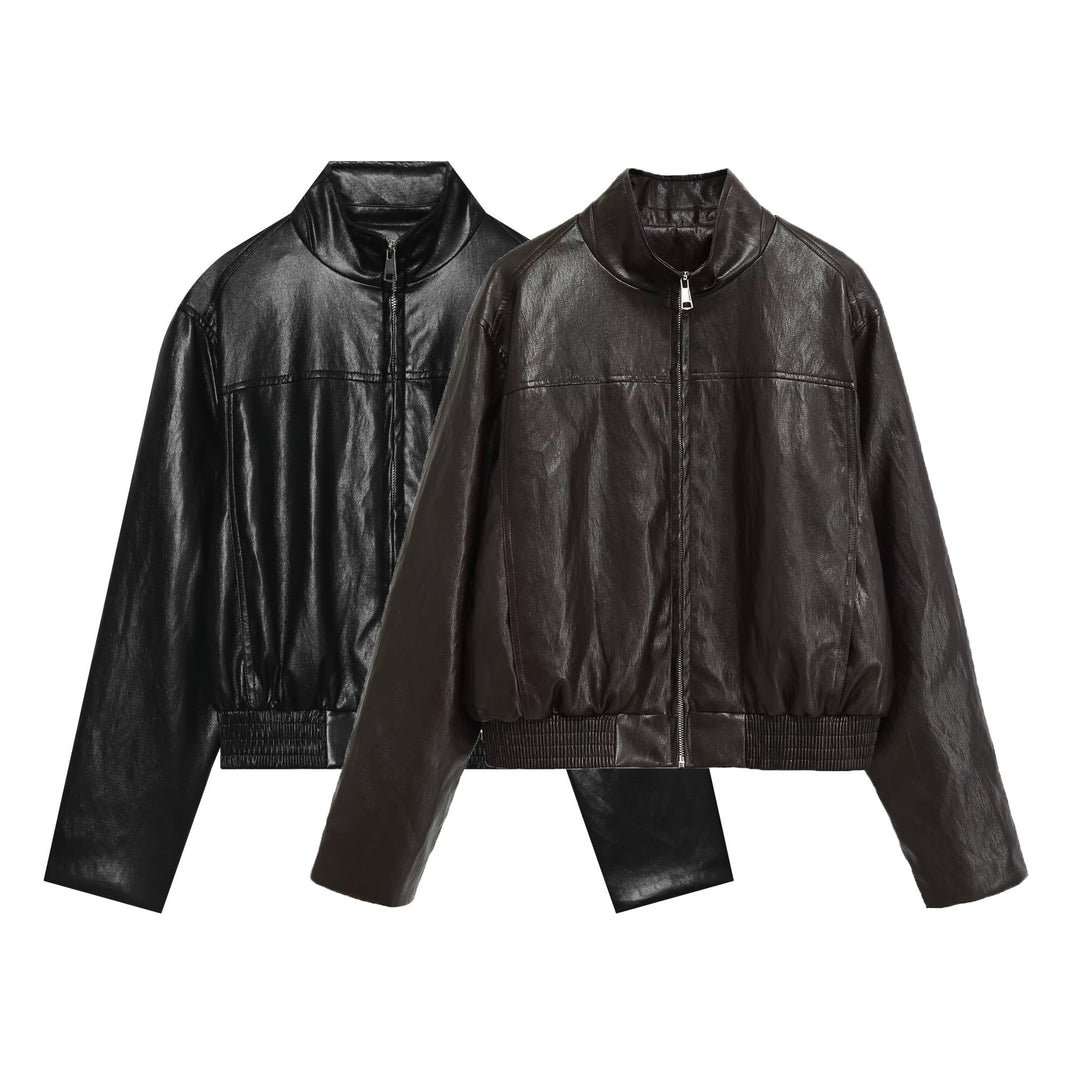 Damen Oversized-Lederblouson im Bomberstil mit Stehkragen und geripptem Saum Echo Archiv
