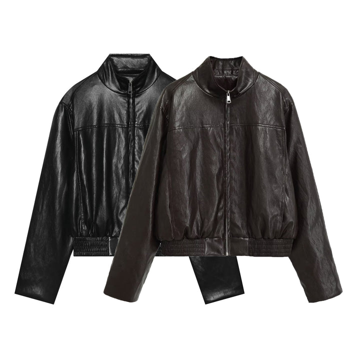 Damen Oversized-Lederblouson im Bomberstil mit Stehkragen und geripptem Saum Echo Archiv