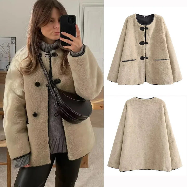 Damen nan kurz geschnittene Teddyjacke mit Knebelverschluss, runder Halslinie und kontrastierenden Kanten Echo Archiv