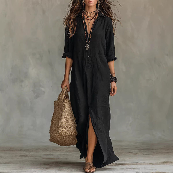Damen Langes Hemdkleid mit Knopfverschluss und seitlichem Schlitz Echoarchiv