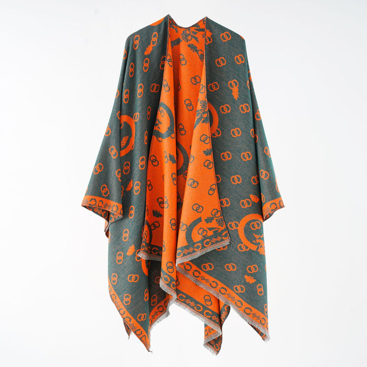 Damen Wendbarer Jacquard-Überwurf mit Fransen und großzügiger Wrap-Silhouette Echo Archiv