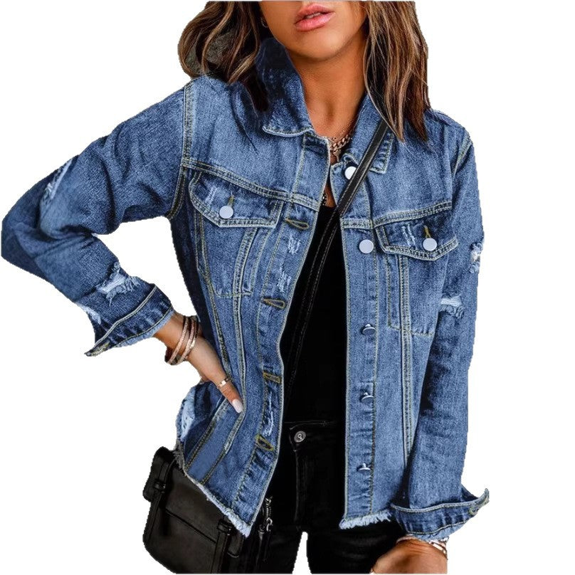 Damen Jeansjacke mit lässigen Destroyed-Ärmeln und rohem Saum Echo Archiv