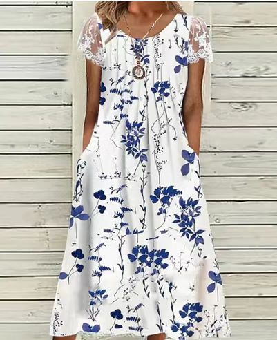Damen nan luftiges A-Linien-Midikleid mit Spitzenärmeln, Eingrifftaschen und Rundhalsausschnitt Echo Archiv