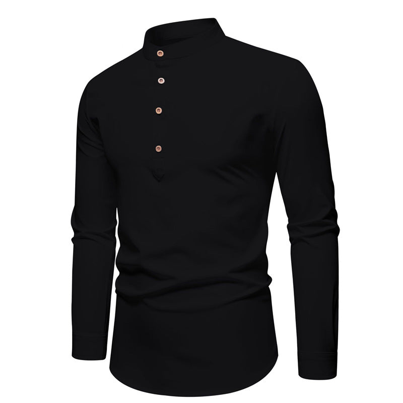 Herren Langarm-Henley-Shirt mit modernem Stehkragen und dekorativen Knöpfen Echoarchiv