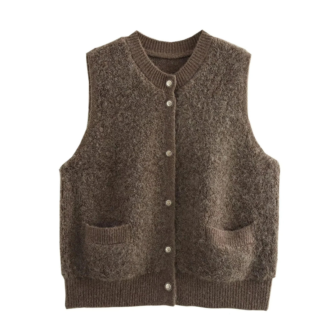 Damen Ärmellose Teddy‑Weste mit Knopfleiste und aufgesetzten Taschen Echoarchiv