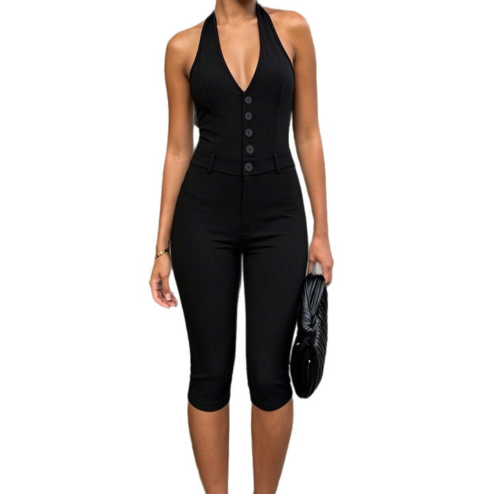 Damen figurbetonter Jumpsuit mit elegantem Halterneck und Knopfleiste Echo Archiv