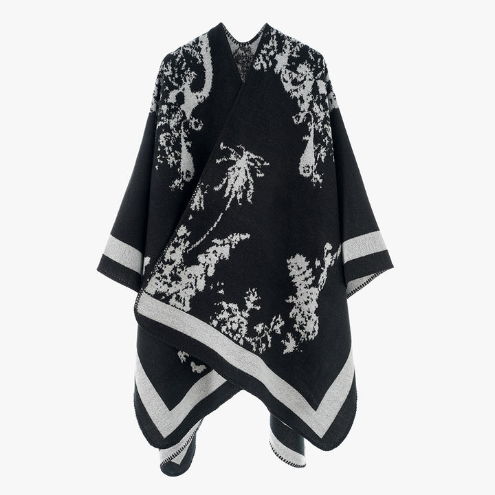 Damen Eleganter Cape‑Poncho im Kimono‑Schnitt mit Jacquard‑Strick – Avérine