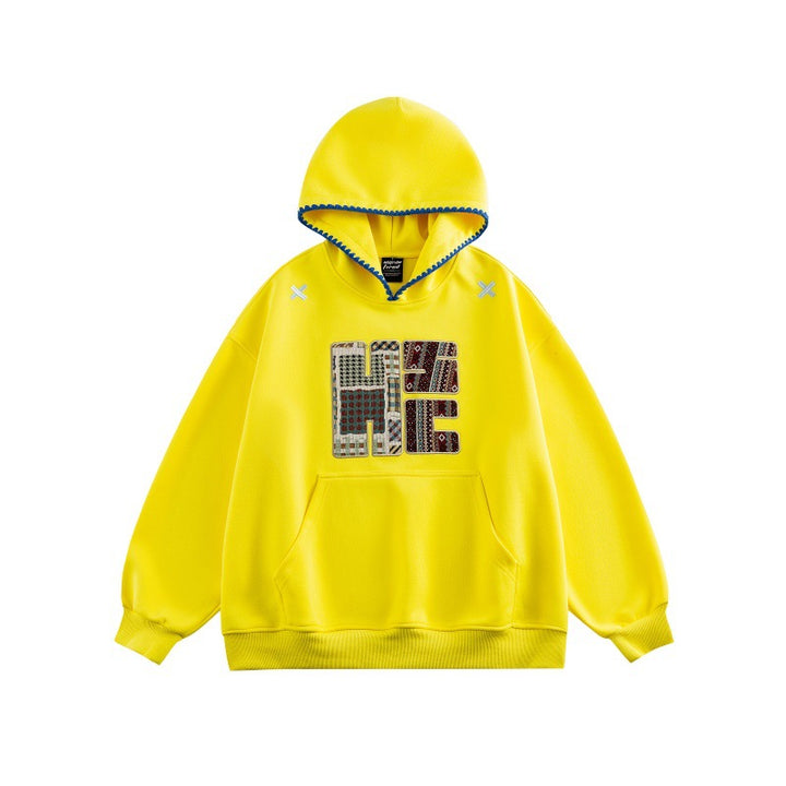 Unisex Weit geschnittener Kapuzenpullover mit Patchwork-Applikation und Kängurutasche Echoarchiv