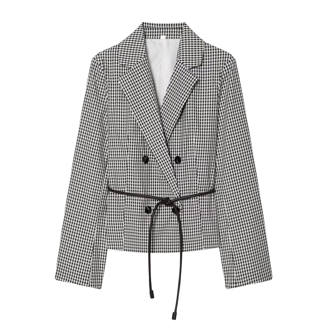 Damen Karo-Cropped-Blazer mit doppelreihiger Knopfleiste und Tunnelzugbindegürtel Echo Archiv