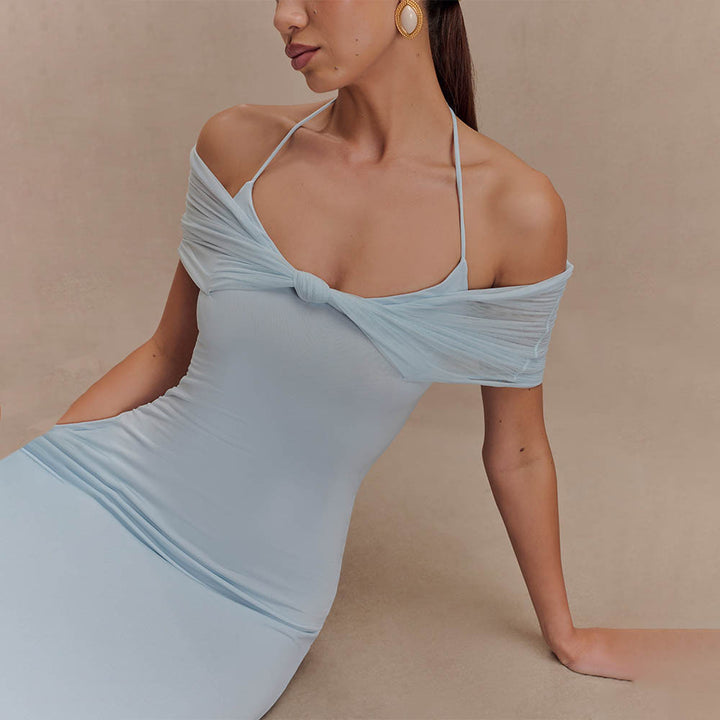 Damen Elegantes Maxi-Kleid mit schulterfreien Raffungen Echo Archiv