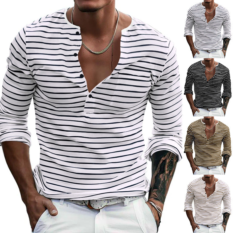 Herren nan gestreiftes Henley-Langarmshirt mit schmaler Knopfleiste, leichtem Baumwollstretch und lässigem Regular Fit Echo Archiv