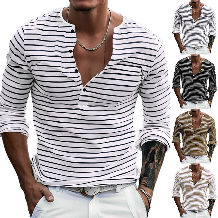Herren nan gestreiftes Henley-Langarmshirt mit schmaler Knopfleiste, leichtem Baumwollstretch und lässigem Regular Fit Echo Archiv