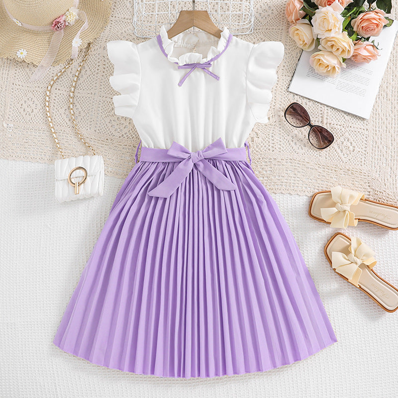 Mädchen Faltenrockkleid mit Puffärmeln und Taillenknoten Echoarchiv