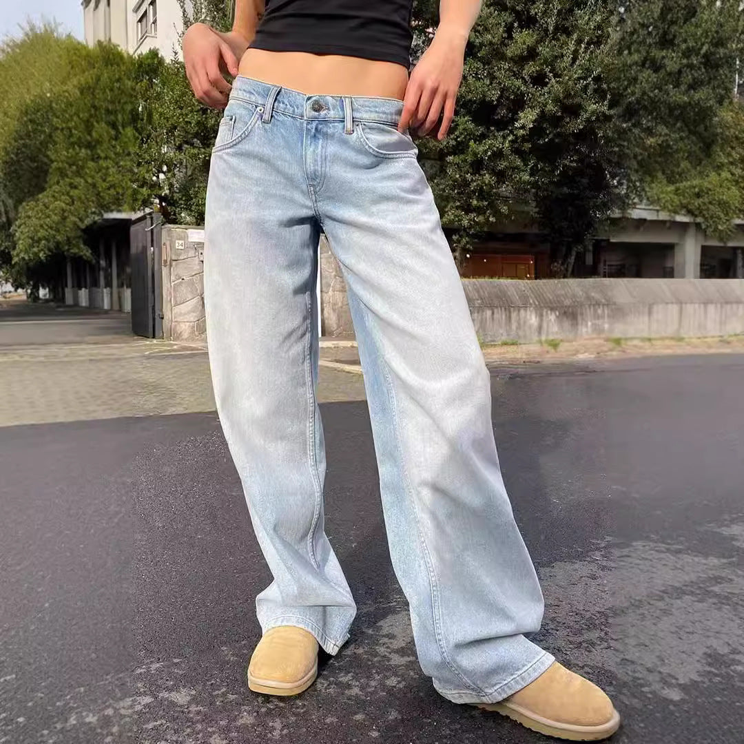 Damen nan weites Denim Hosenmodell mit tiefem Bund und weitem Schlag Echo Archiv