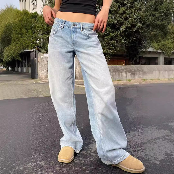 Damen nan weites Denim Hosenmodell mit tiefem Bund und weitem Schlag Echo Archiv
