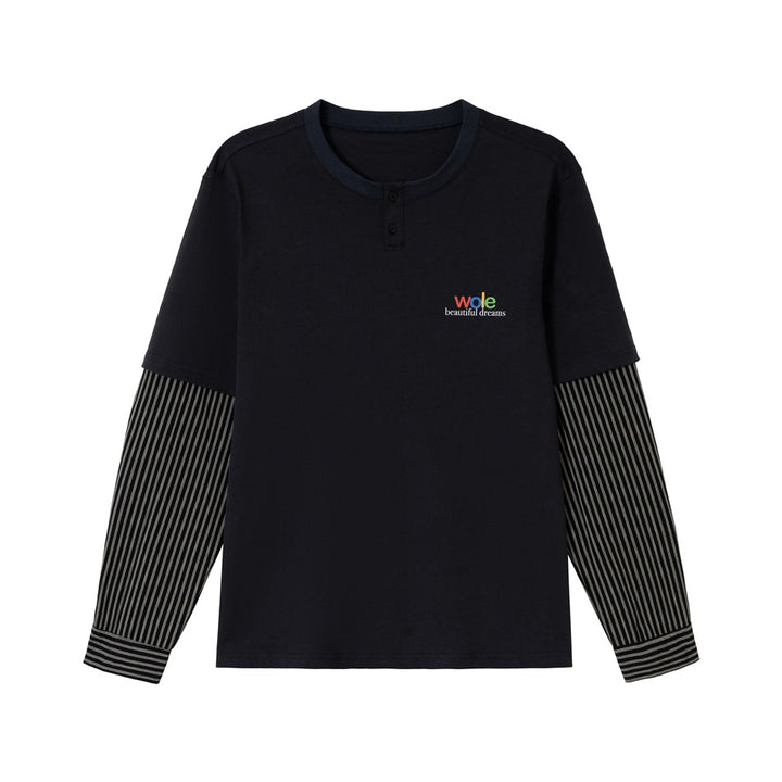 Unisex Lagenlook-Langarmshirt mit Henley-Knopfleiste und gestreiften Armeinsätzen Echoarchiv