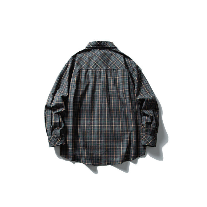 Unisex Oversize Kariertes Hemd mit Stehkragen, Brusttasche und gerundetem Saum Echoarchiv