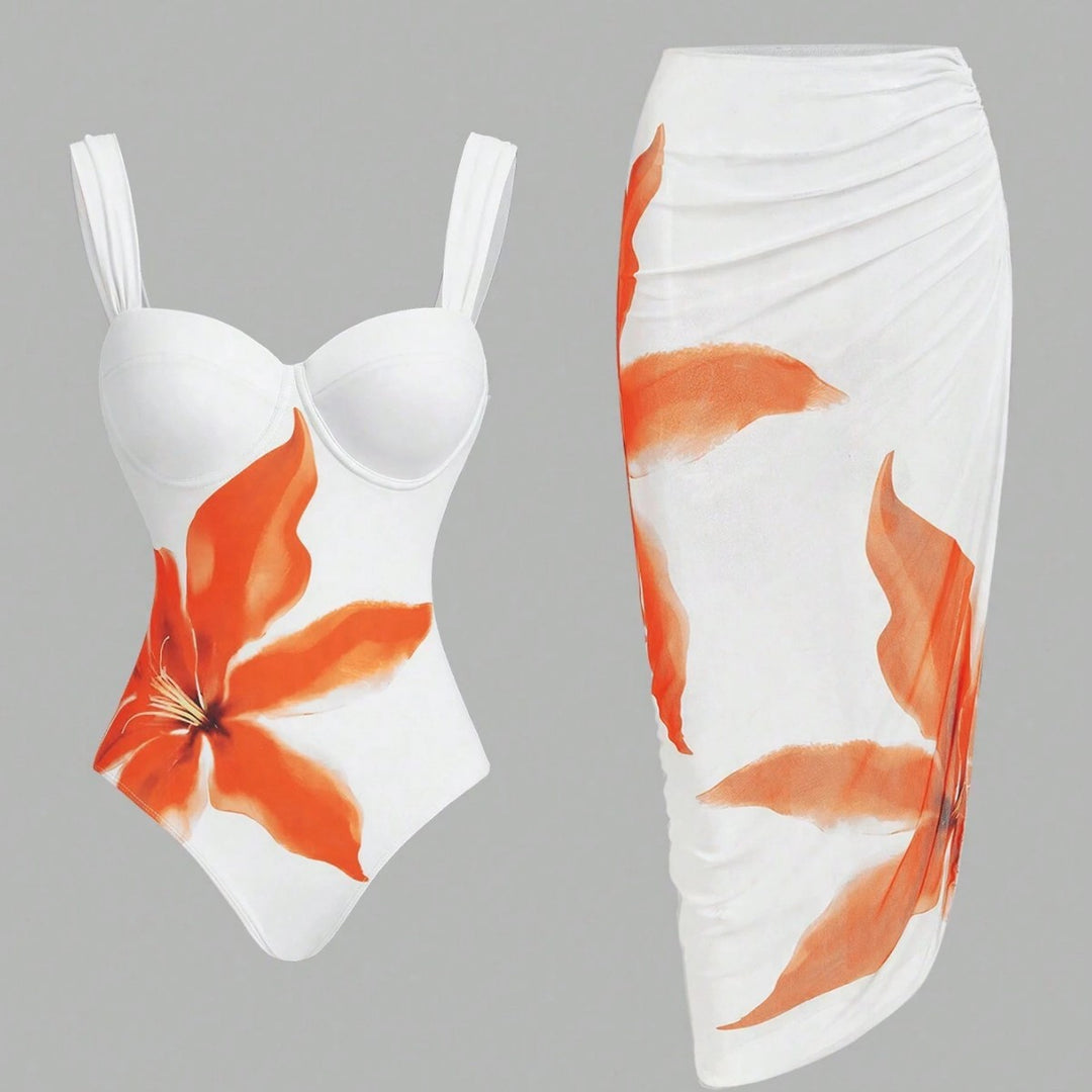 Damen Badeanzug mit elegantem floralem Design und passendem Wickelrock Echo Archiv