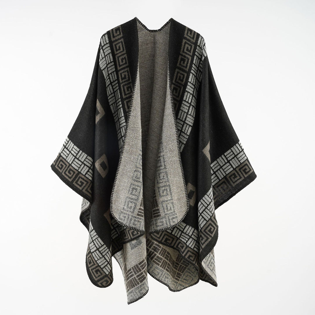 Damen Kastiger Wollmix-Ruana mit kontrastiertem Innenfutter und grafischem Jacquard Echo Archiv