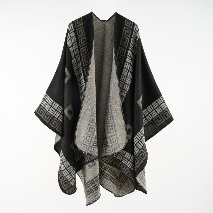 Damen Kastiger Wollmix-Ruana mit kontrastiertem Innenfutter und grafischem Jacquard Echo Archiv