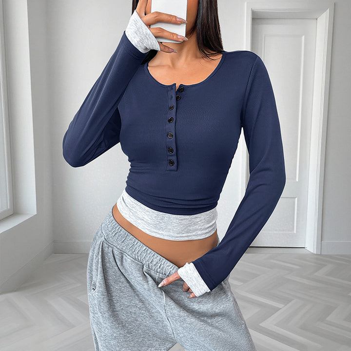 Damen Langärmeliges Crop-Shirt mit Henley-Knopfleiste, Figurbetonter Stretch-Passform und Daumenloch Echoarchiv