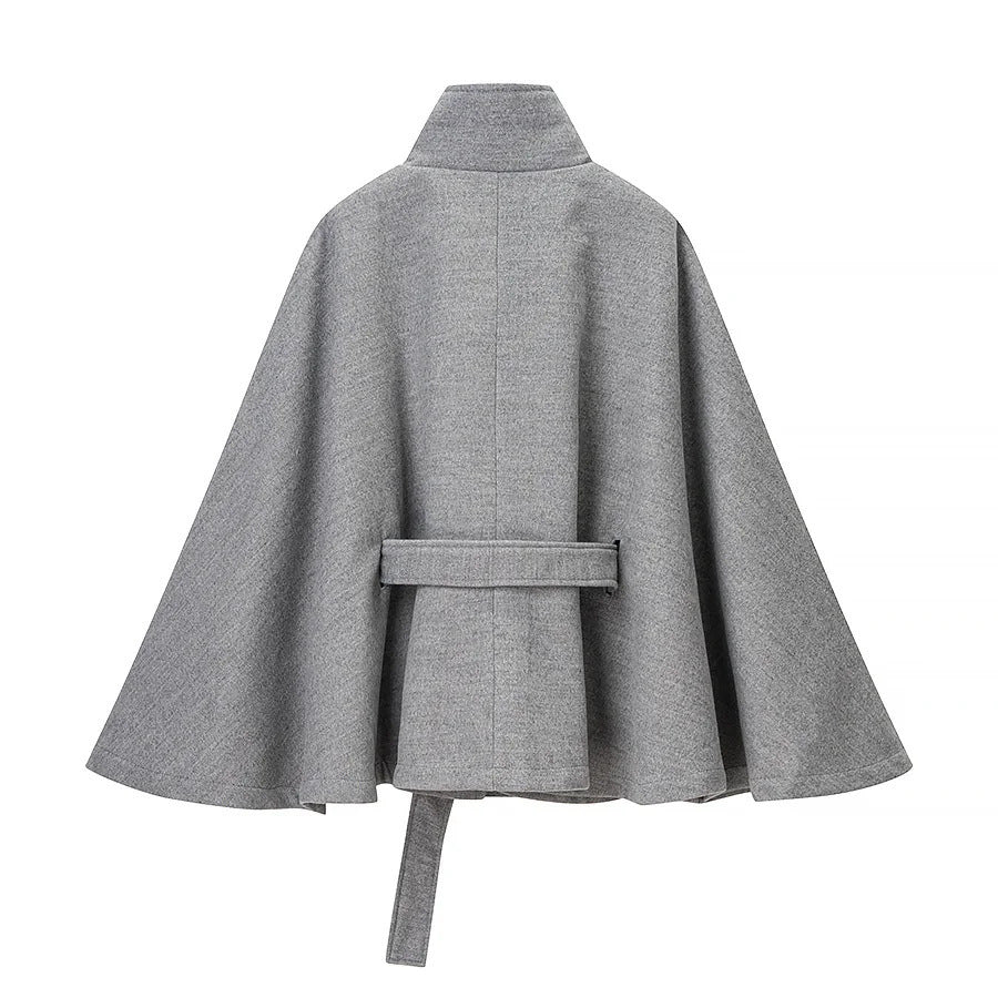 Damen taillierter Wollcape-Mantel mit Stehkragen Bindegürtel und verdeckter Knopfleiste – Montévia
