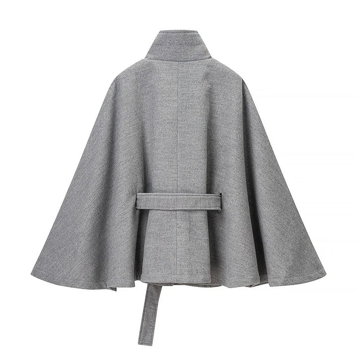 Damen taillierter Wollcape-Mantel mit Stehkragen Bindegürtel und verdeckter Knopfleiste – Montévia