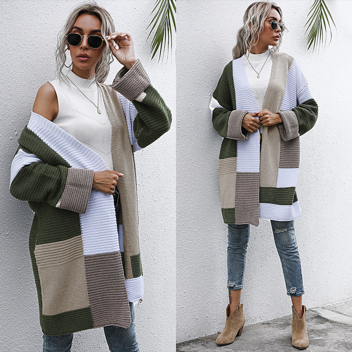 Damen Oversize Strickcardigan mit Colorblock‑Patchwork und offener Front Echoarchiv