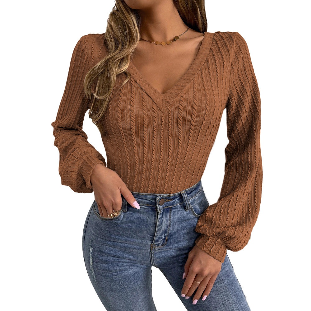Damen figurbetontes Rippstrick-Bodyshirt mit V-Ausschnitt und Ballonärmeln – Avérine
