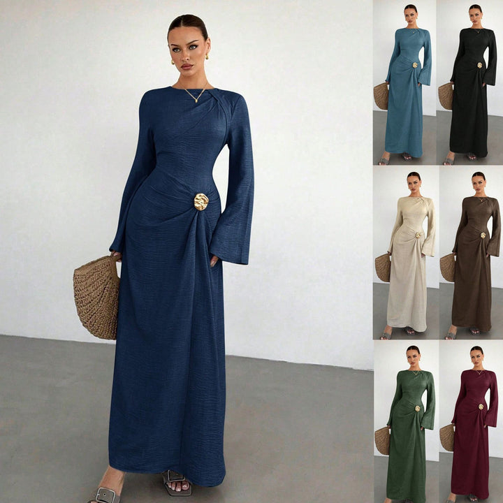 Damen Maxikleid mit Drapierter Taille, langen Glockenärmeln und Zierbrosche Echo Archiv