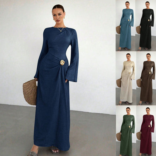 Damen Maxikleid mit Drapierter Taille, langen Glockenärmeln und Zierbrosche Echo Archiv