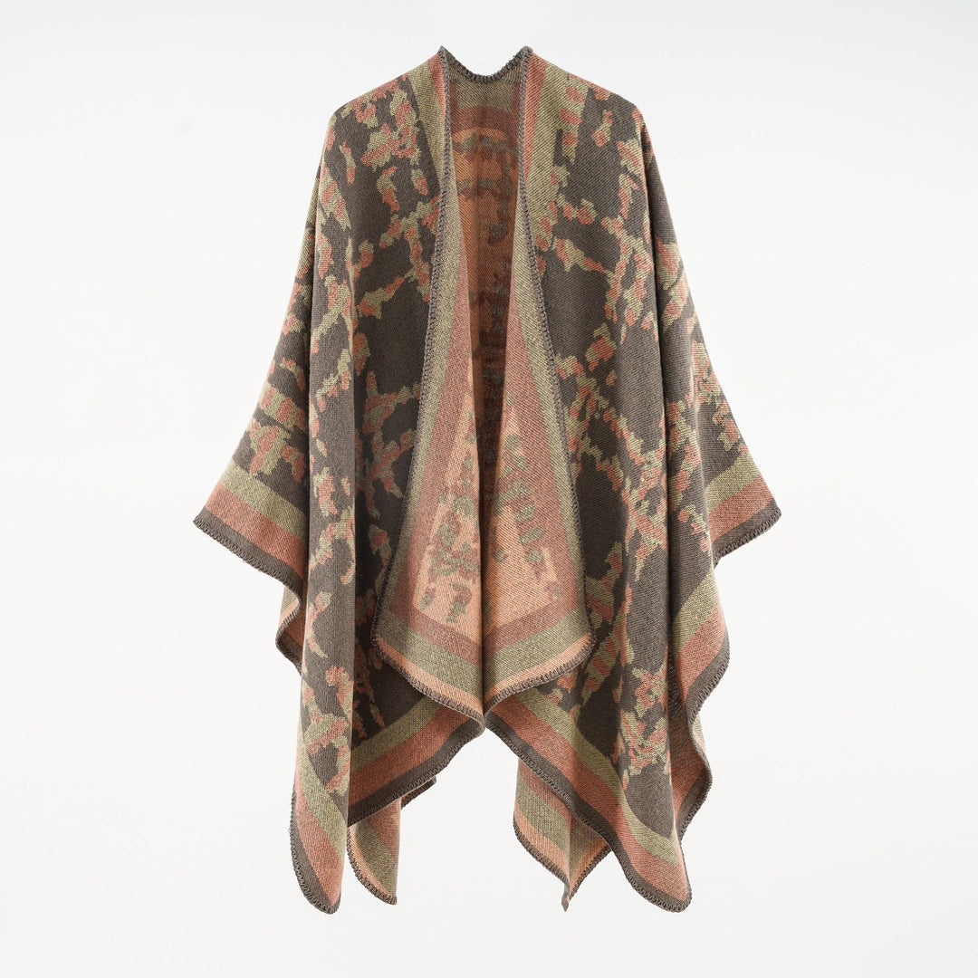 Damen Wollmix-Umhang mit jacquardgewebtem Aquarelldruck und offener Kimono-Silhouette – Montévia