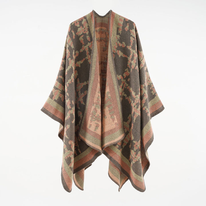 Damen Wollmix-Umhang mit jacquardgewebtem Aquarelldruck und offener Kimono-Silhouette – Montévia
