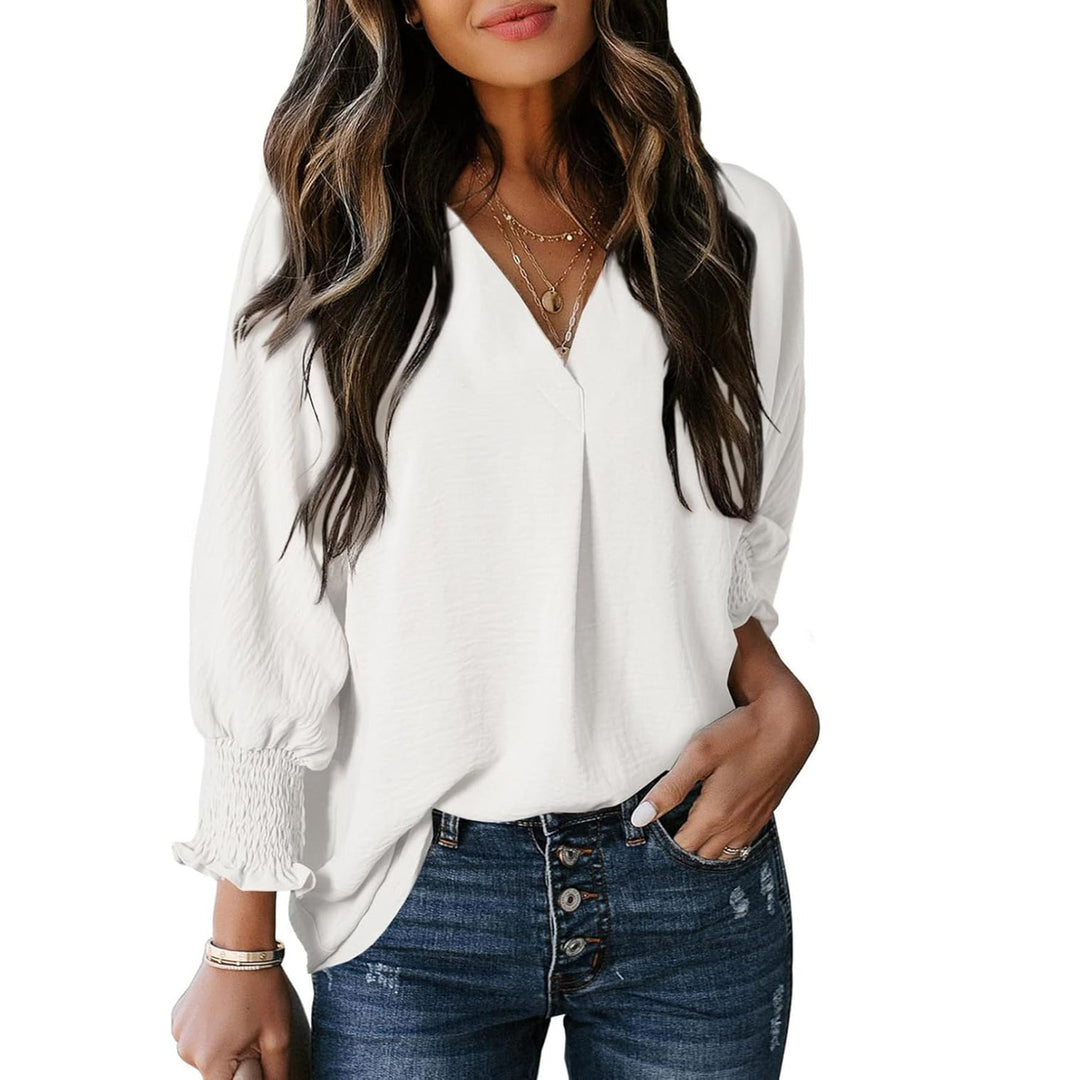 Damen V-Ausschnitt Bluse mit lässigen Ballonärmeln und Rüschendetails Echoarchiv