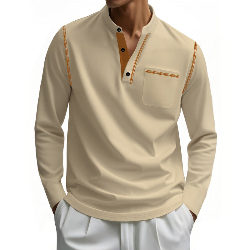 Herren nan Henley-Langarmshirt mit Stehkragen, Brusttasche und kontrastierenden Ziernähten Echo Archiv