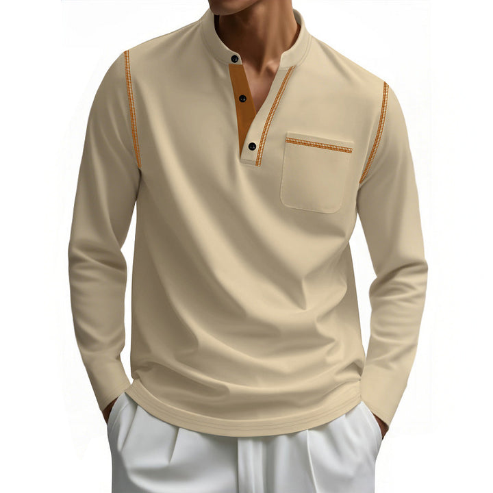 Herren nan Henley-Langarmshirt mit Stehkragen, Brusttasche und kontrastierenden Ziernähten Echo Archiv